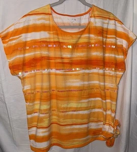 Shirt weiß Hirsch XXL orange gestreift Top Pailletten-Detail Bindesaum Baumwollmischung 2X - Bild 1 von 5