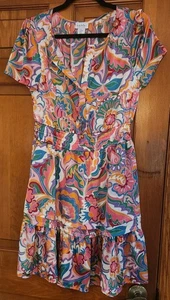 Nicole Miller Dress Womens M Pink Multi Satin Floral Abstract Pocket Ruffle Mini - Picture 1 of 3