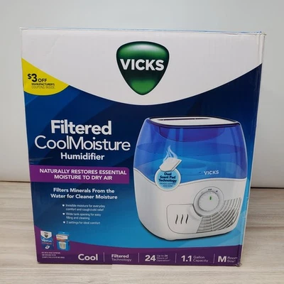 VICKS Filtered Cool Mist Humidifier Medium Room 1.1Gal VEV400 NIB White - Image 1 of 4