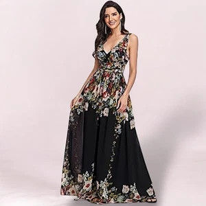 Ever Pretty Floral Chiffon Maxi Dress XL 10 Black Sleeveless V-Neck Empire Gown - Picture 1 of 17