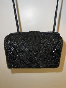 Vtg TALBOTS Black Beaded Clutch Purse Shoulder Evening Sparkle - Picture 1 of 7