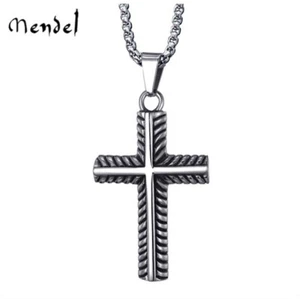 MENDEL Stainless Steel Mens Boys Christian Small Cross Pendant Necklace For Men - Picture 1 of 9