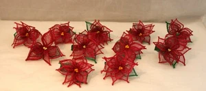 Vintage 60er Jahre roter Weihnachtsstern Serviettenringe Handarbeit Netz & Bast 11er Set - Bild 1 von 8