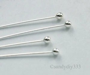 20x STERLING SILVER 2mm BALL DOT HEADPINS 0.5mm 24GA 1.5" 38mm N244 - Picture 1 of 2