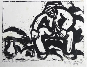 Holzschnitt: Rastender Bauer, Expressionist Eberhard Viegener, handsigniert 1919 - Bild 1 von 5