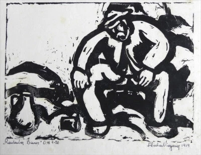 Holzschnitt: Rastender Bauer, Expressionist Eberhard Viegener, handsigniert 1919 - Bild 1 von 4
