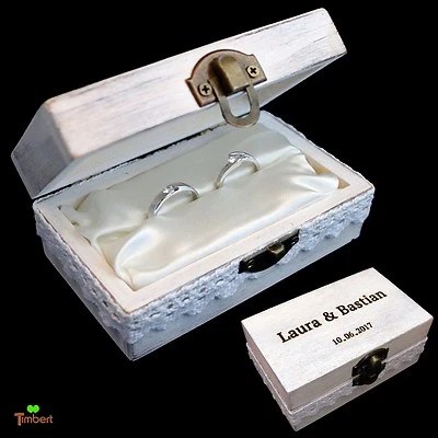 RINGBOX HOLZ Vintage Hochzeit Ringkissen Ringkästchen Etui Eheringe Shabby Weiß - Bild 1 von 4