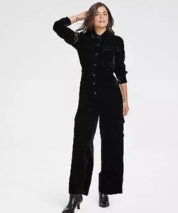 Women's Long Sleeve Velvet Cargo Jumpsuit - Universal Thread Black 8 - Picture 1 of 7
