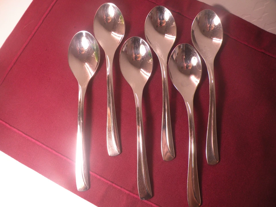 6 Place Oval Soup Spoons J A Henckels Villa Bella Stainless Steel Flatware 7 3/8 - Image 1 of 4
