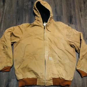 Carhartt Mens Work Jacket Beige Full Zip Pockets Twill Hooded USA Union Made 46 - Picture 1 of 12