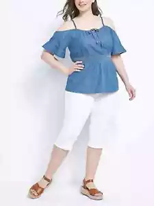 SIZES 14 - 18 Women's Lady Bryant Blue Denim cold shoulder summer Tunic Top - Picture 1 of 6