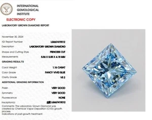 1.16 Princess Lab Grown Diamond Engagement Ring IGI Fancy Vivid Blue VS2 - Picture 1 of 11