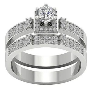 10k White Gold Bridal Anniversary Ring Set VS F 1.10Ct Lab Grown Diamond 9.65MM - Picture 1 of 9
