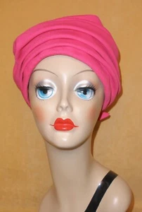 1960's Ladies Shocking Pink Ruched Fabric Scarf Hat w Back Bow - Picture 1 of 7