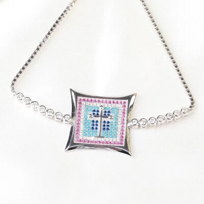 925 Argento Sterling Colorato Zircone Cubico Croce Bracciale Mano Gioielli Gift - Immagine 1 di 4