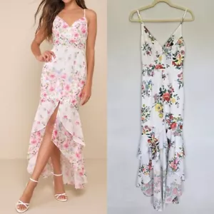 A.peach White Floral High-Low Ruffle Dress Strappy S Fairy Whimsical Coquette - Picture 1 of 16