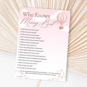 Baby Shower Game Who Knows Mum Best Girls Pink Hot Air Balloon Theme Up and Away - Picture 1 of 14