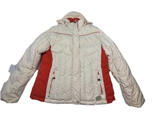 Vintage LL Bean Jacket Womens White Orange Down Puffer Size XL Packable Hood - Picture 1 of 11