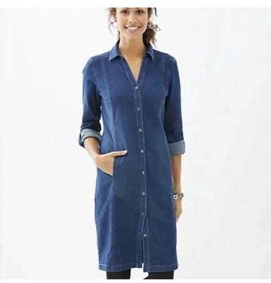 J. Jill Denim Button Down Roll Tab Long Sleeve Cottage Core Denim Dress Size L - Image 1 of 4