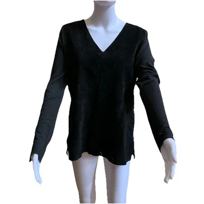 Ecru 长袖 100% 皮革穿孔麂皮绒上衣拉链侧面。 中号 — 第 1/4 张图片