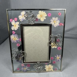 Picture Frame Floral Pressed Flowers Holds 3x5 Photo Silver Metal Butterflies - Picture 1 of 6