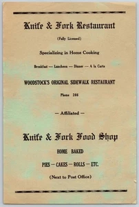 Cuchillo y tenedor Woodstock NY de 1930 restaurante, anuncio impreso Tinker St. Trolley 6" x 9" - Imagen 1 de 3