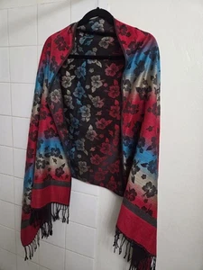 Pashmina 100% Kaschmir Blumen Tuch Schal Halstuch Hawaii Blumen rot blau  - Bild 1 von 8