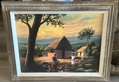 ORIGINAL HAITIAN ART PAINTING Signed SIMEON MICHEL? Haiti Village 1982 - Image 1 of 4
