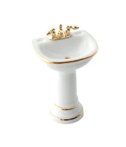 Dolls House White & Gold Sink Basin Miniature Reutter Bathroom Furniture 1:12 - Picture 1 of 8