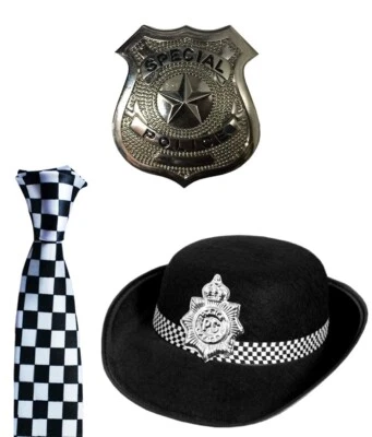 Women's Ladies Police Cop Officer Costume Set Checkered Neck Tie, Hat And Badge - Image 1 of 4