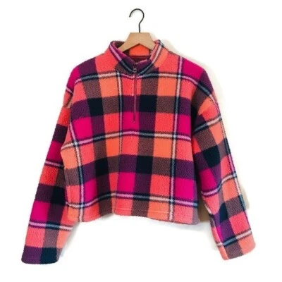 AE American Eagle Pink Orange Plaid Half Zip Cropped Teddy Bear Sherpa Pullover - Image 1 of 4