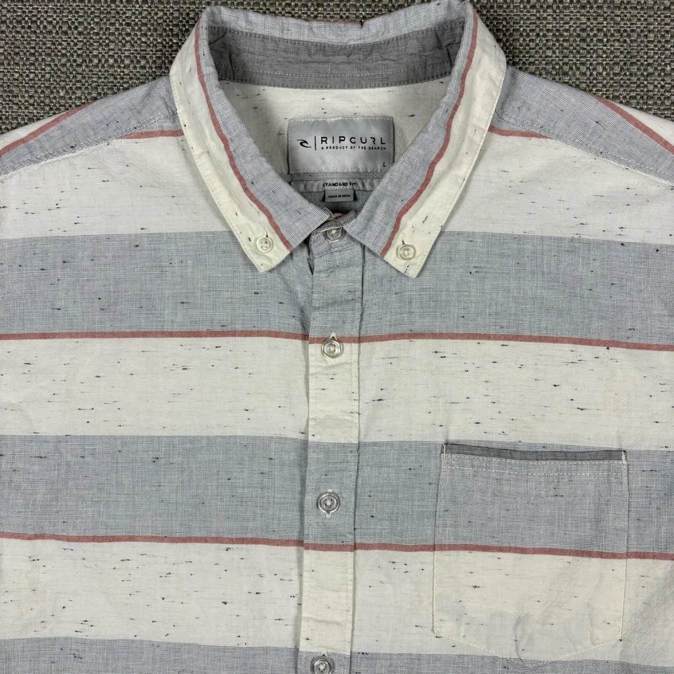 Rip Curl Men's Shirt L Short Sleeve White Gray Red Striped Standard Fit Pocket - Image 1 of 4