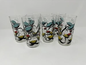 FEDERAL Glass Tumblers Drinkware Set Of 6 Vintage MCM Mid Century Floral Flowers - Picture 1 of 5