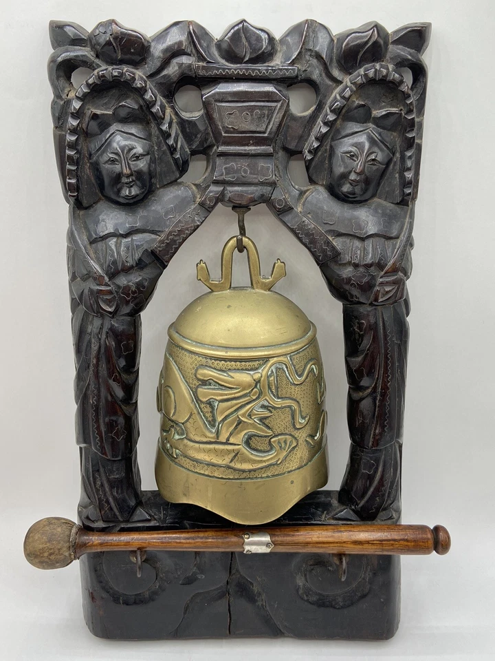 Beautiful Antique Chinese Buddhist Silver Inlay Carved ￼Dark Wood & Brass Gong - Image 1 of 4