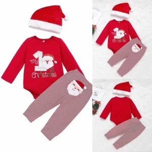 Neugeborenes Baby Junge Weihnachten Strampler Streifen Hose Weihnachten sanfte Kleidung Outfit Set - Bild 1 von 9
