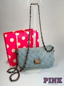 RARE Vintage Y2K Victorias Secret PINK Quilted Denim Mini Baguette Floral Chain - Picture 1 of 10