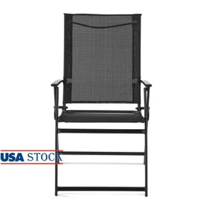 Folding Outdoor Patio Chairs Set of 2 Black Steel Sling Armchairs Portable New - Picture 1 of 8