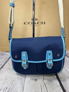 Vintage Coach 6735 Messenger Bag Twill Canvas Leather Color Block Navy Blue Aqua - Picture 1 of 16