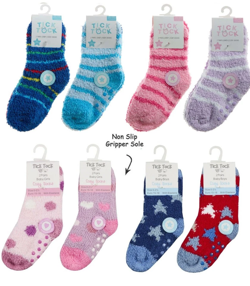 TICK TOCK 2 PAIRS of Baby Toddler Boys Girls Cosy Warm BED SOCKS Gripper Slipper Non Slip