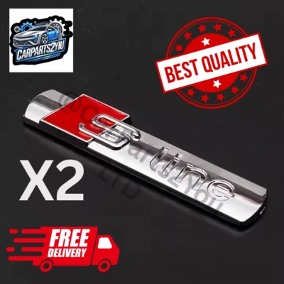 AUDI S-LINE WING Metal Cromo Metal Plata Emblema Insignia X2 + ALMOHADILLAS ADHESIVAS X2