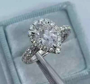 2.50Ct Pear Cut Moissanite Halo Women's Engagement Ring 14K White Gold Plated - Picture 1 of 7