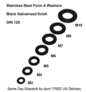 Black Stainless Steel Form A Washers M3 M4 M5 M6 M7 M8 M10 Galvanised Pack 10/20 - Picture 1 of 16