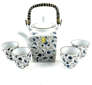 Tea Pot Square w Insert and 4 Round Cups Blue and White 6 Piece Ceramic Tea Set - Picture 1 of 10