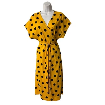 Zara Yellow & Black Polka Dot Wrap Dress Midi Short Sleeve Size Medium - Image 1 of 4
