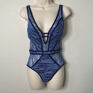 Becca Swimsuit Womens Medium One Piece Blue Open Knit Crochet Plunge Hippie Boho - Picture 1 of 13