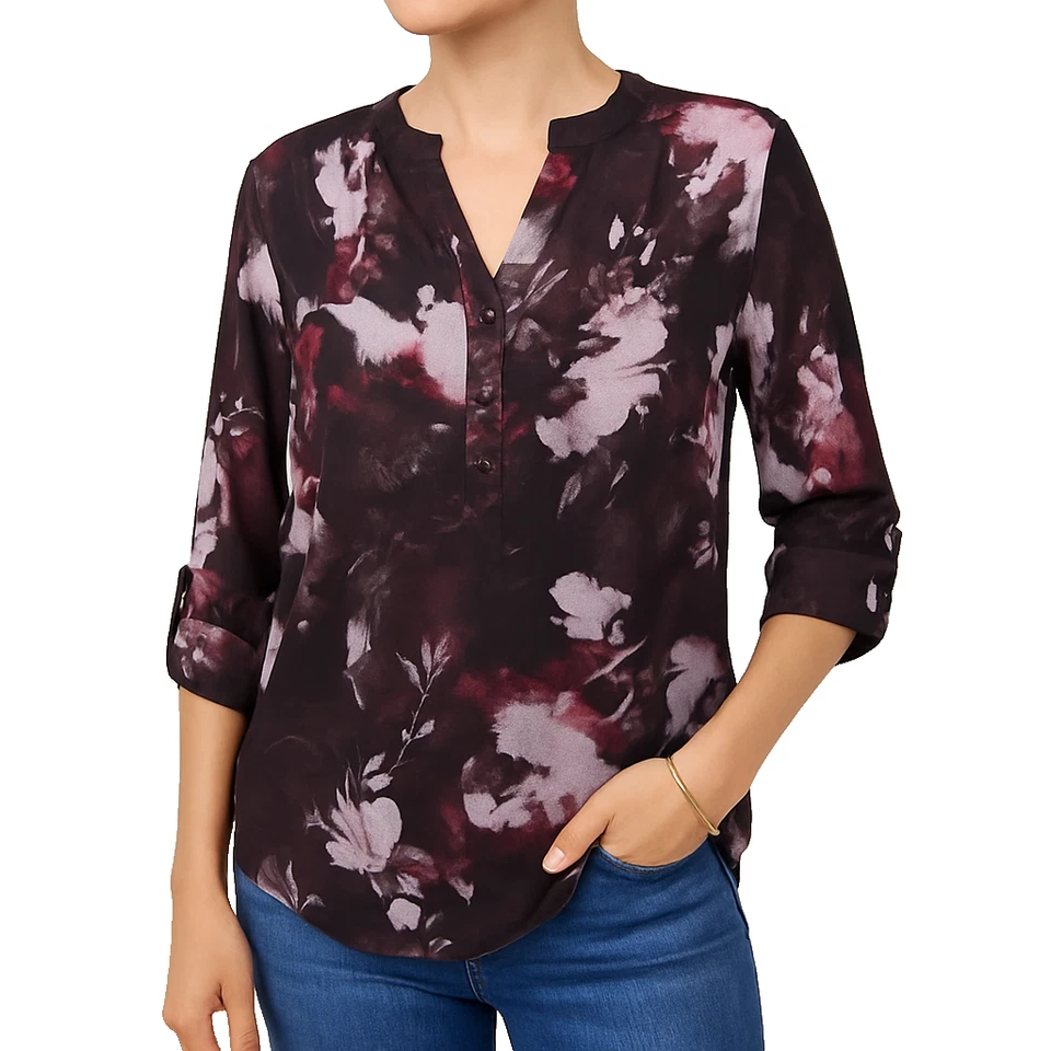 Simply Vera Vera Wang Womens PM Burgundy Floral Blouse V-Neck Long Sleeve Top - Image 1 of 4