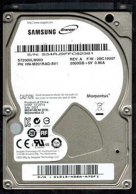 ST2000LM003P/N: HN-M201RAD/AV1 S/N: S34RJ 2BC10007 SAMSUNG 2TB CHINA DEC 2014 - Image 1 of 2