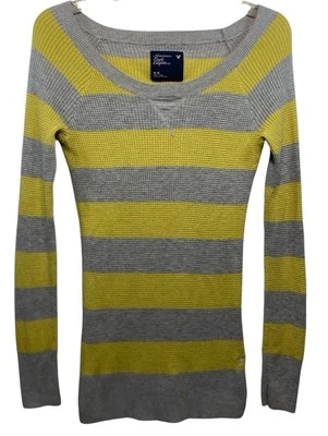 Vtg American Eagle Thermal Juniors Size M Gray Yellow Striped Waffle Knit Y2K - Image 1 of 4