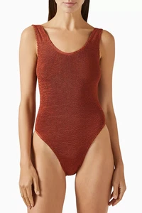 NEU OHNE ETIKETT BOUND BY BOND-EYE THE MARA GERIPPTER EINTEILER BADEANZUG BRONZE SCHIMMER DAMEN - Bild 1 von 12