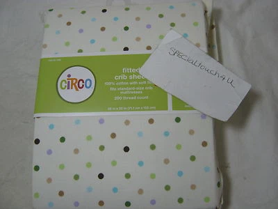 全新 Circo 床单 多色圆点:棕色 蓝色 绿色 紫色 28x52 全新带盒 — 第 1/2 张图片